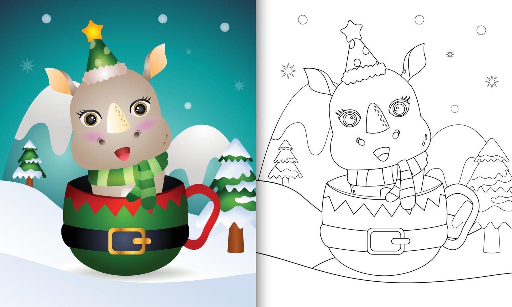 coloring book with a cute rhino christmas characters with a hat and scarf in the elf cup vector