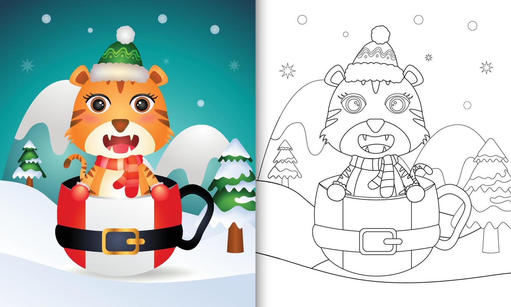 coloring book with a cute tiger christmas characters with a hat and scarf in the santa cup vector