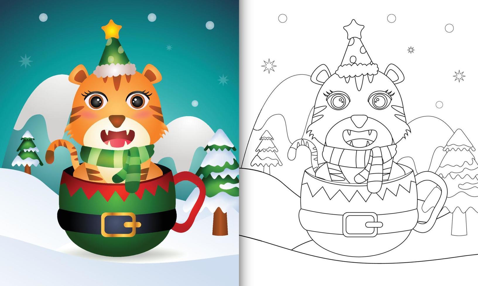 coloring book with a cute tiger christmas characters with a hat and scarf in the elf cup vector