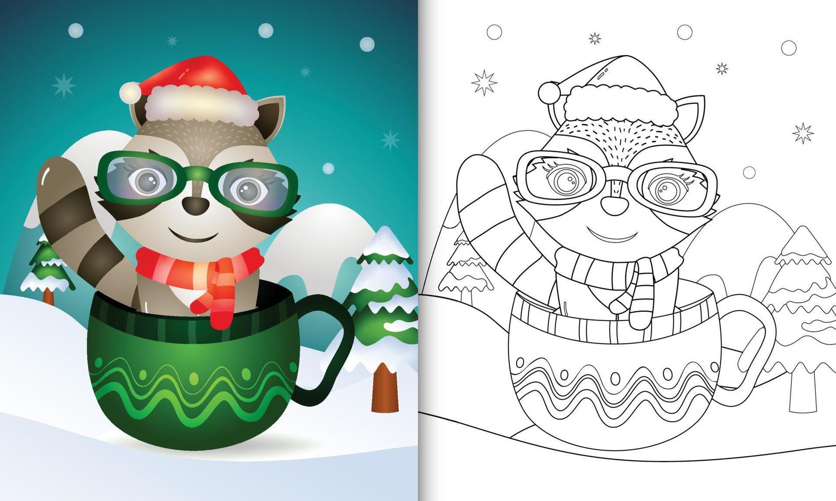 libro para colorear con un simpático mapache personajes navideños con gorro de Papá Noel y bufanda en la copa vector