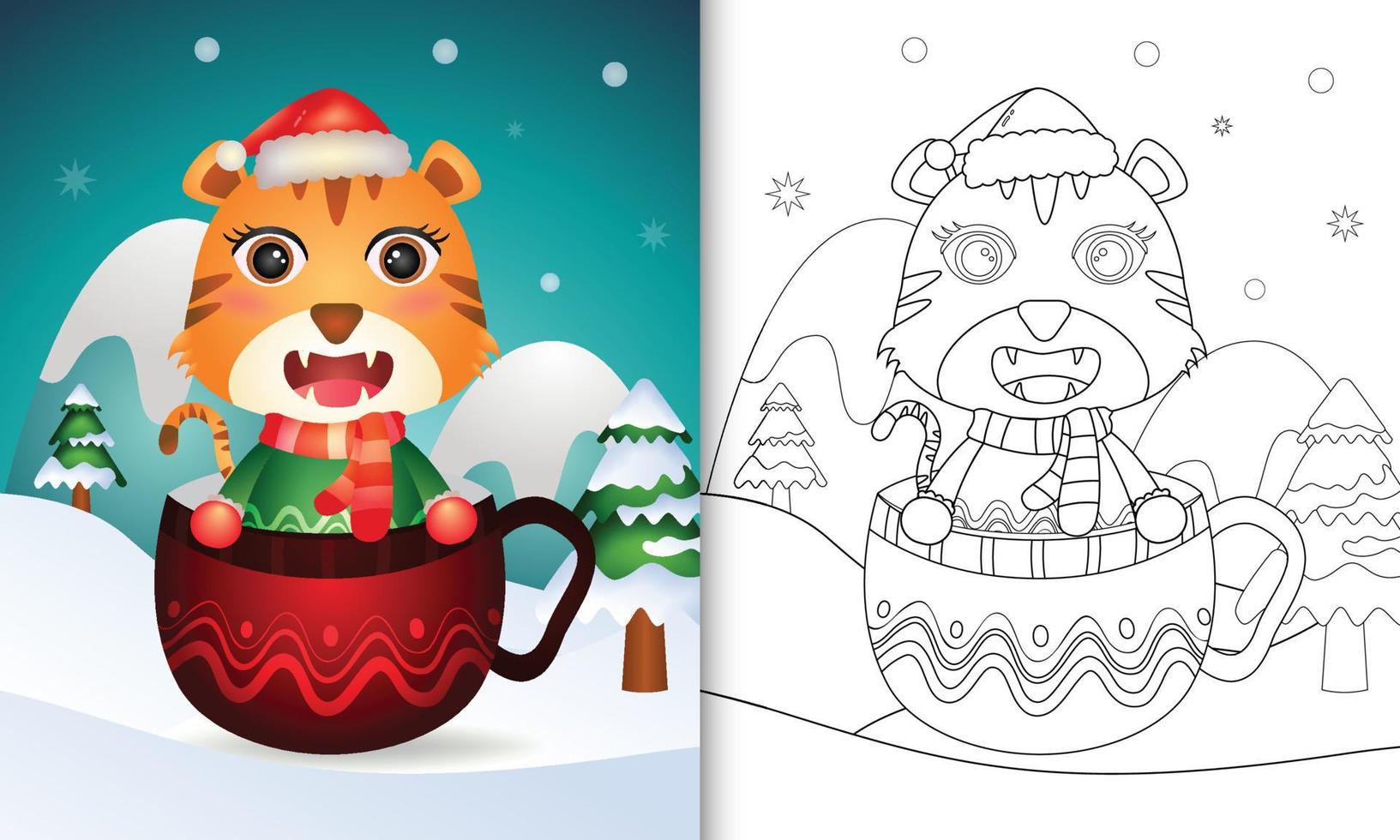 coloring book with a cute tiger christmas characters with a santa hat and scarf in the cup vector