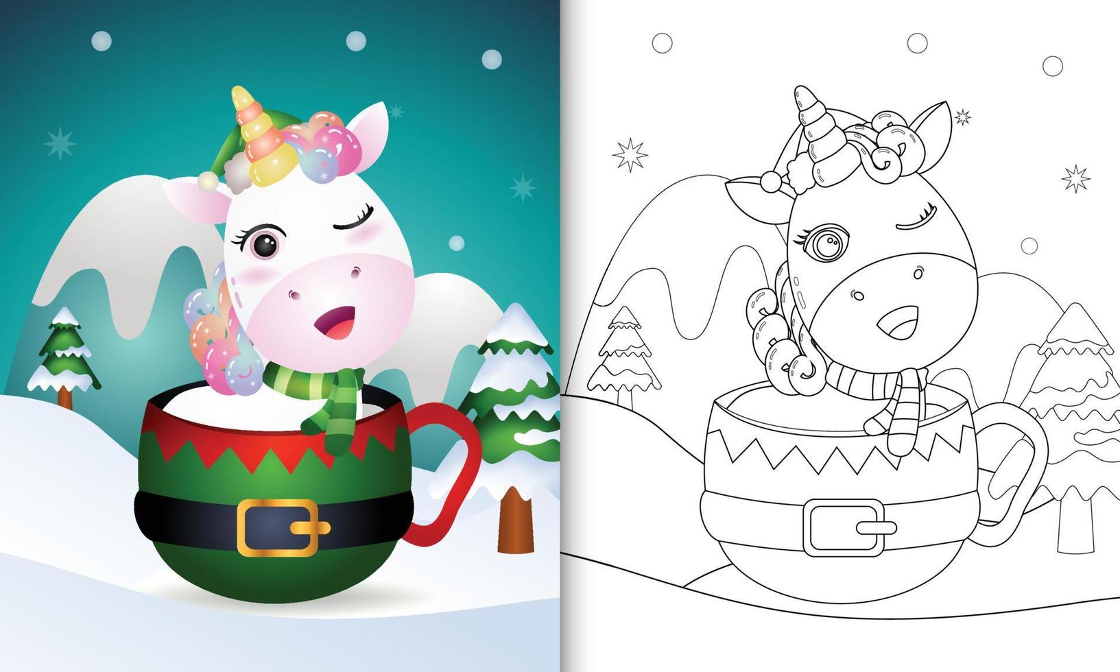 libro para colorear con un lindo unicornio personajes navideños con sombrero y bufanda en la copa de elfo vector