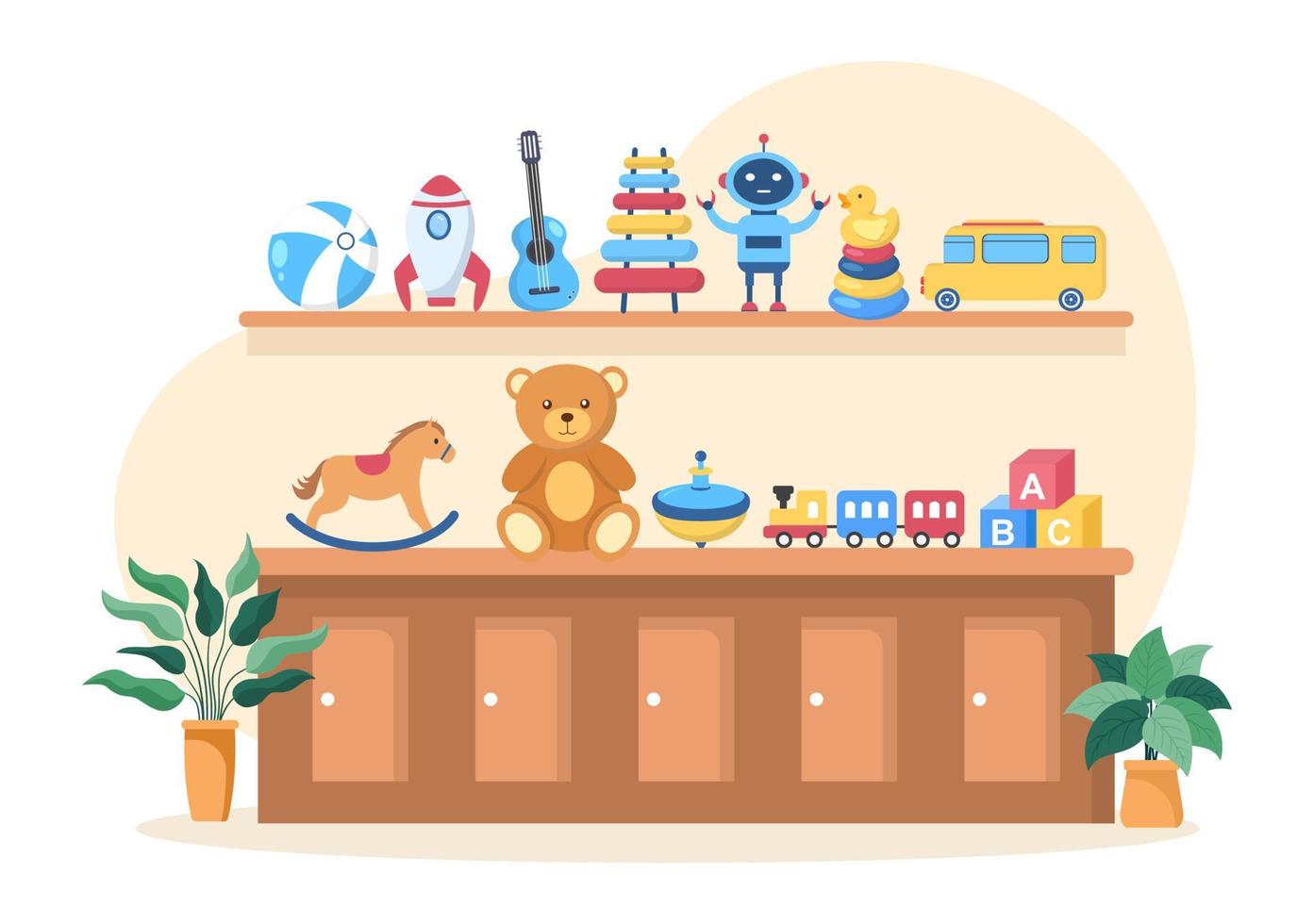 Cute Kids Toy Box Full at Kindergarten in Flat Cartoon Style Illustration. Interior of Playroom for fun and gaming vector