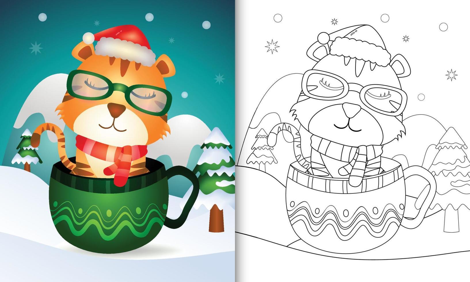 coloring book with a cute tiger christmas characters with a santa hat and scarf in the cup vector