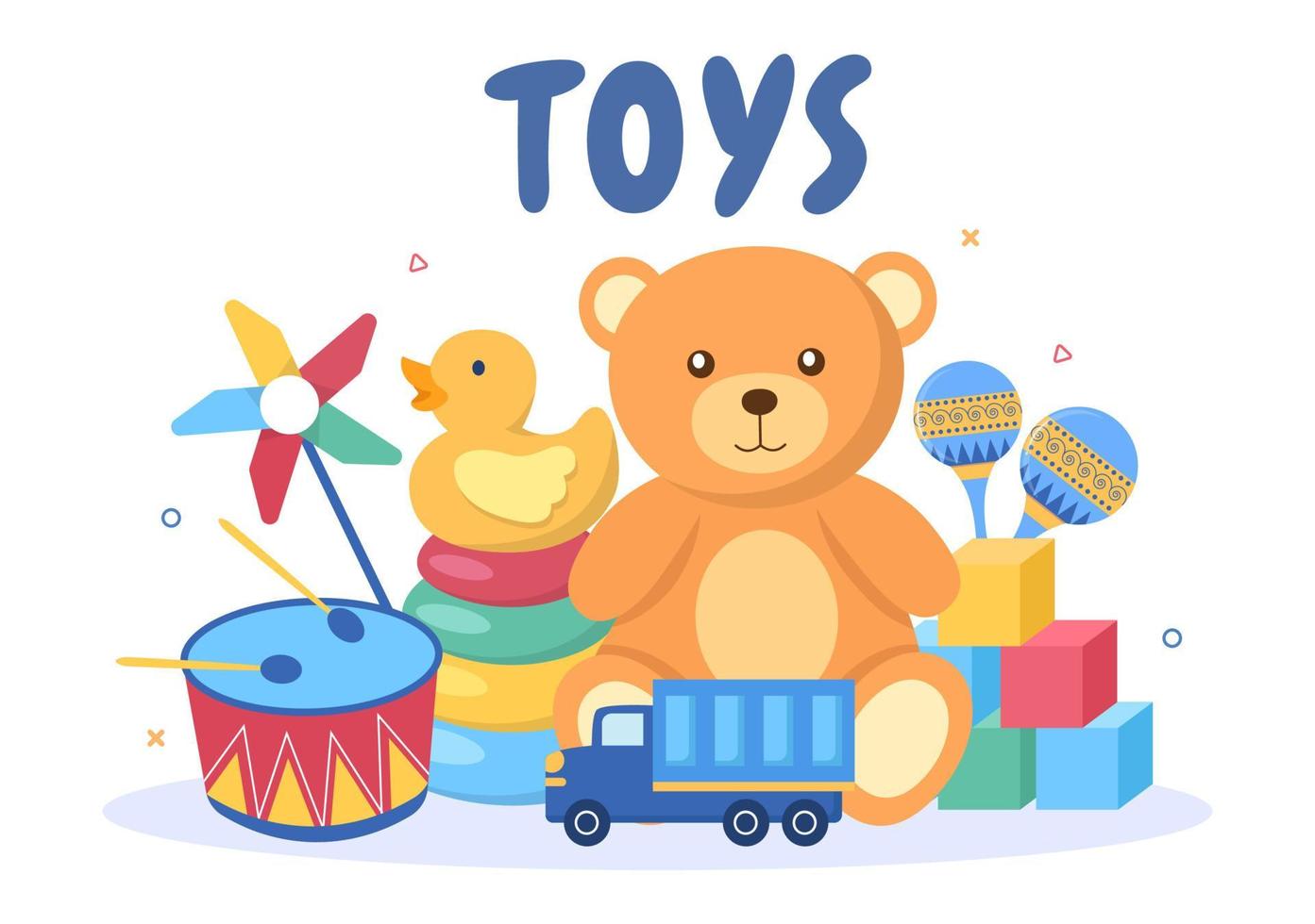 linda caja de juguetes para niños llena en el jardín de infantes en una ilustración de estilo de caricatura plana. interior de la sala de juegos para divertirse y jugar vector