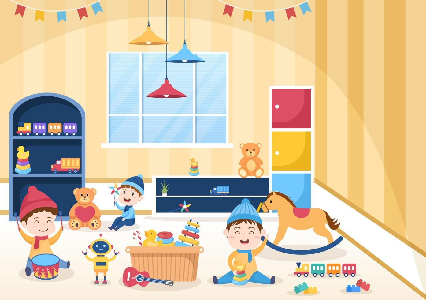 Cute Children Playing with Various Toy at Kindergarten in Flat Cartoon Style Illustration. Interior of Playroom for fun and Gaming vector