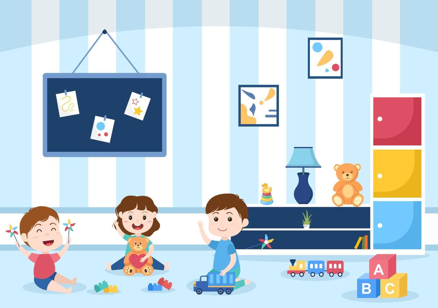 Cute Children Playing with Various Toy at Kindergarten in Flat Cartoon Style Illustration. Interior of Playroom for fun and Gaming vector