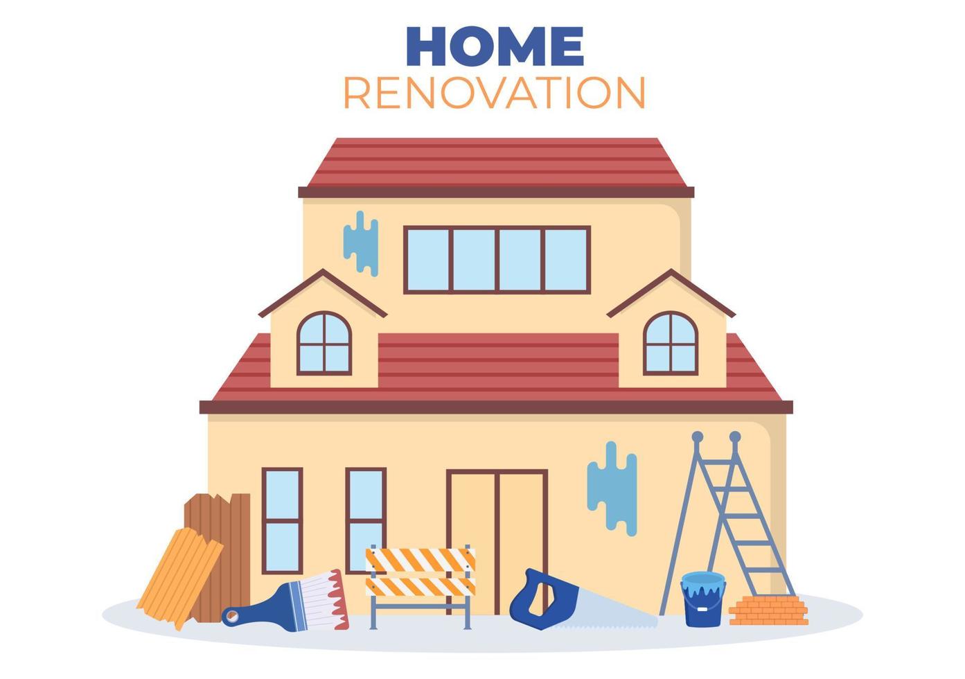 renovación o reparación de viviendas con herramientas de construcción, colocación de baldosas y pintura de paredes en buenas condiciones de decoración en ilustración de fondo plana vector