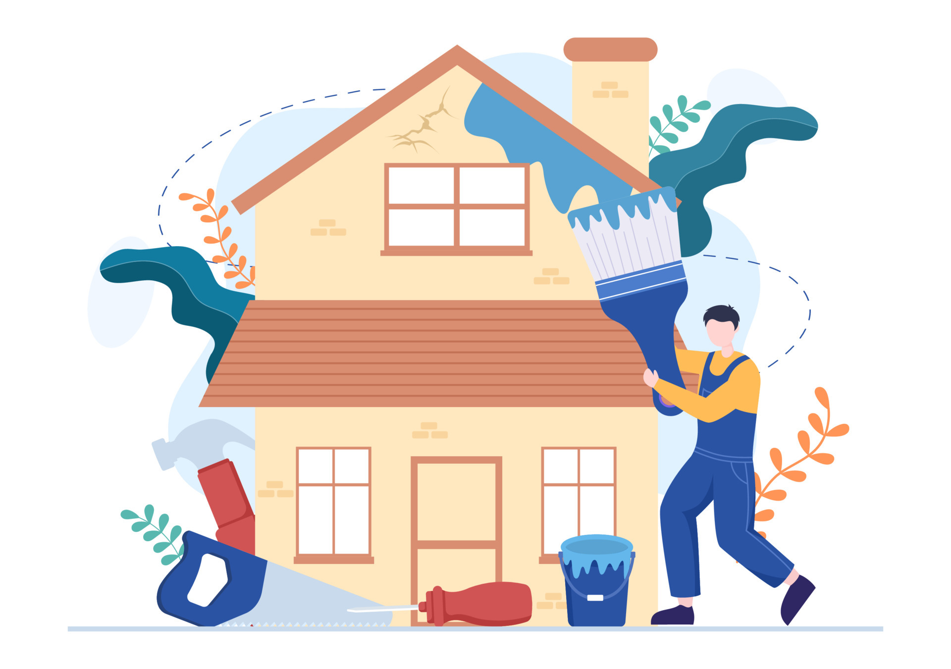 Home Renovation or Repair with Construction Tools, Laying Floor Tiles