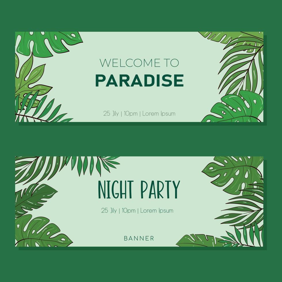 conjunto vectorial de plantilla de ilustración para una postal, tarjeta de visita o banner publicitario. espacio para el texto. ilustración común. una colección de pancartas con plantas tropicales para una fiesta o evento. vector