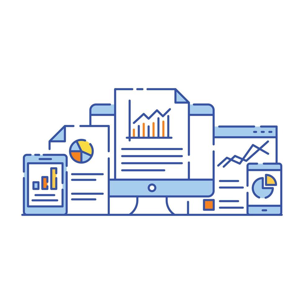 Charts with magnifier denoting flat illustration design of content analysis vector