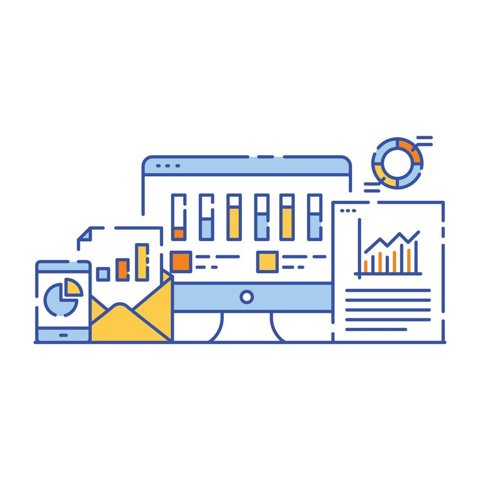 Charts with magnifier denoting flat illustration design of content analysis vector