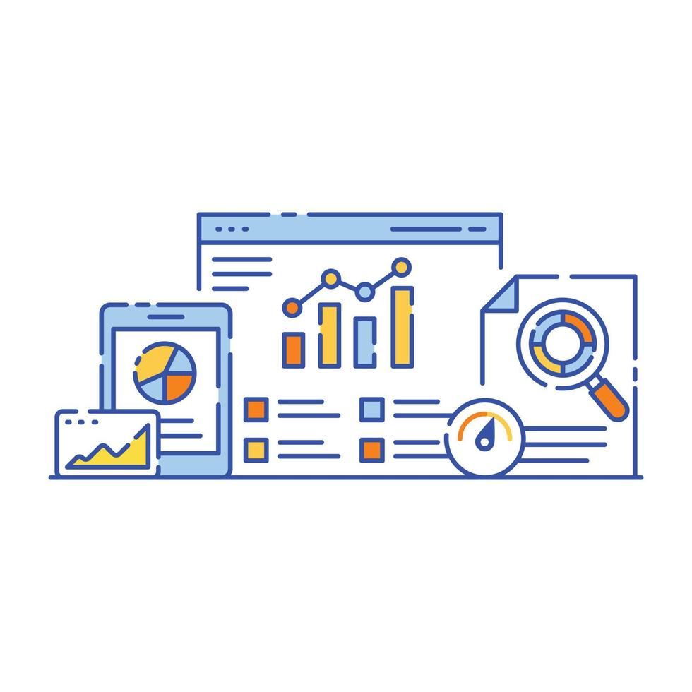 Charts with magnifier denoting flat illustration design of content analysis vector