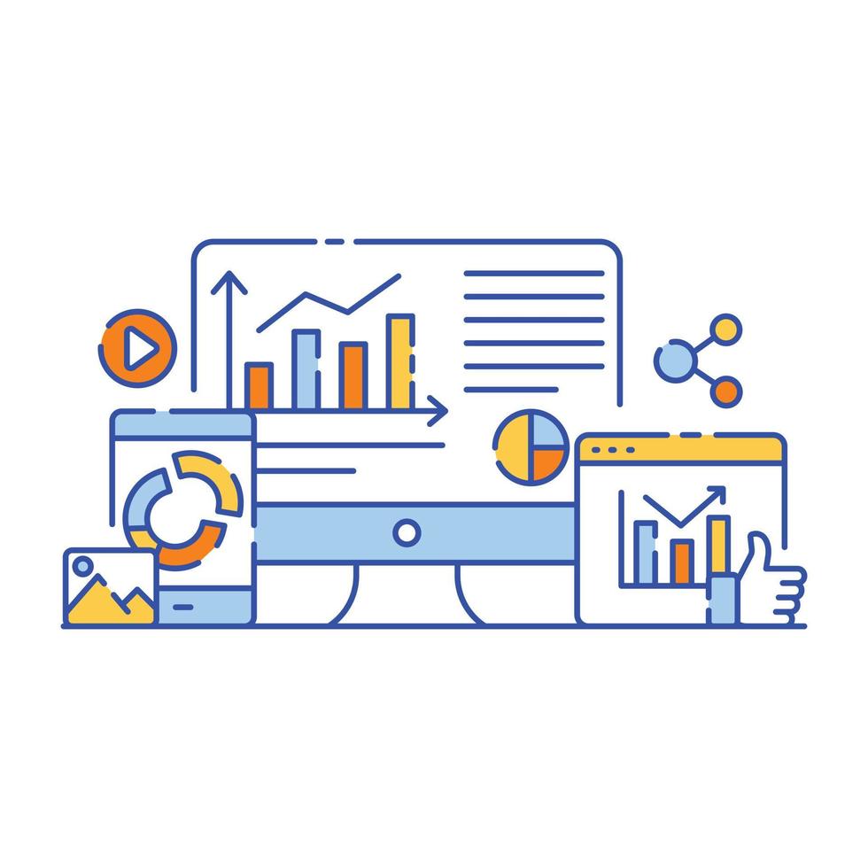 Charts with magnifier denoting flat illustration design of content analysis vector