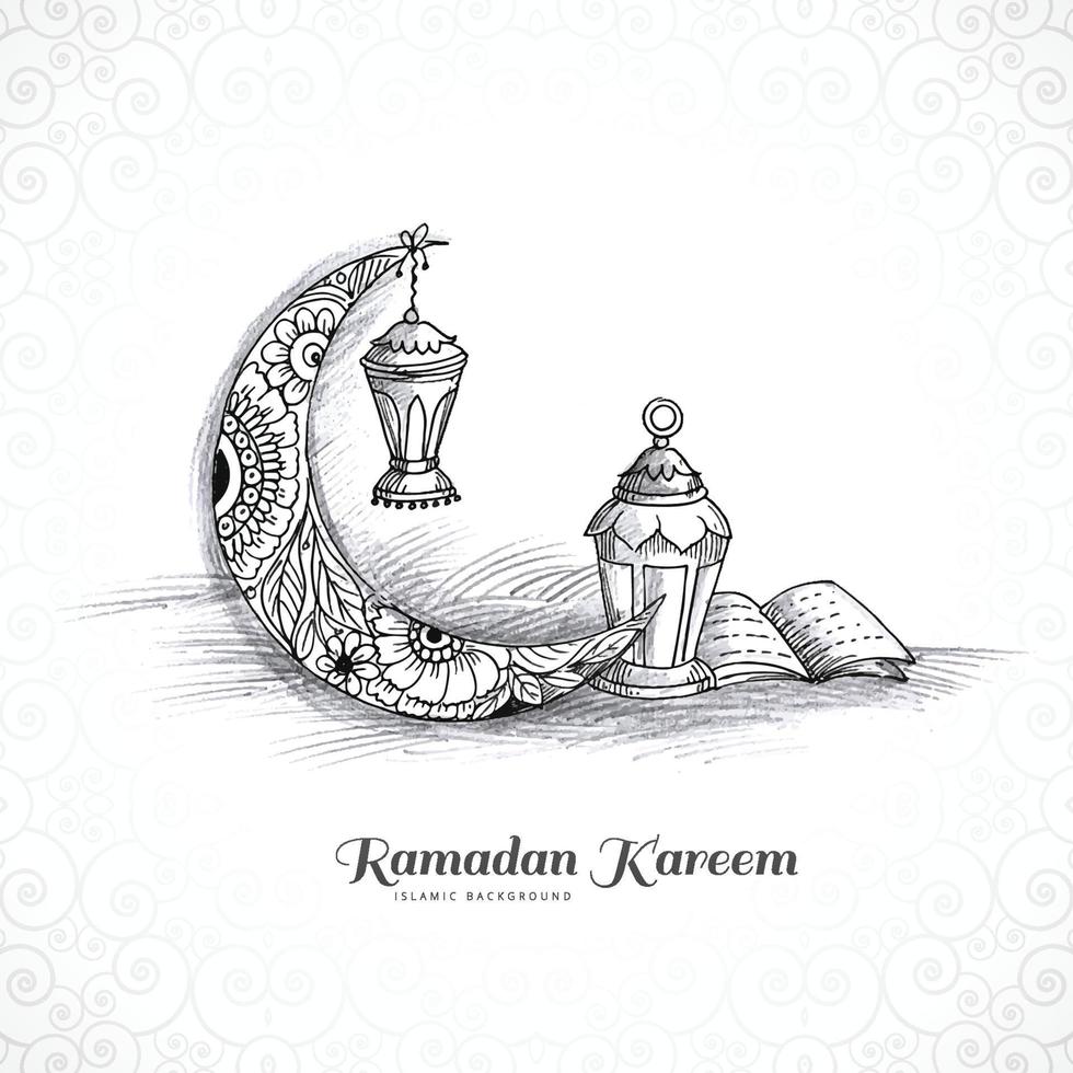 Hand draw ramadan kareem islamic lamp and moon sketch card design vector