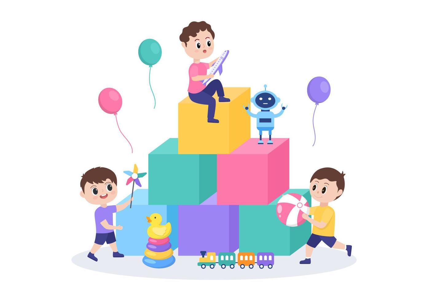 Cute Children Playing with Various Toy at Kindergarten in Flat Cartoon Style Illustration. Interior of Playroom for fun and Gaming vector