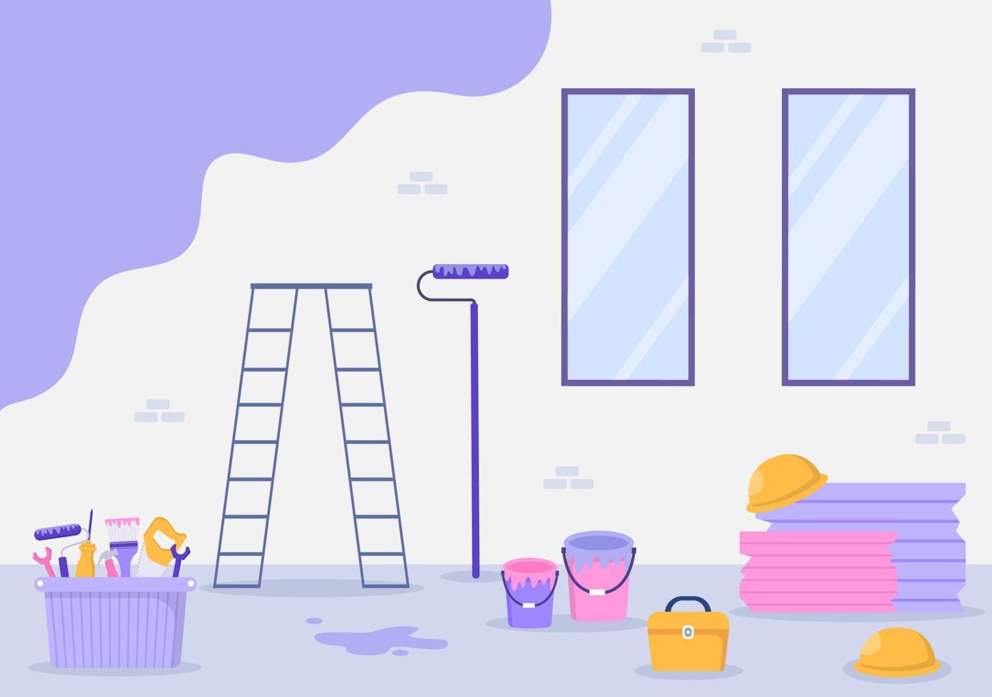 Home Renovation or Repair with Construction Tools, Laying Floor Tiles and Painting Wall to Good Decoration Condition in Flat Background Illustration vector