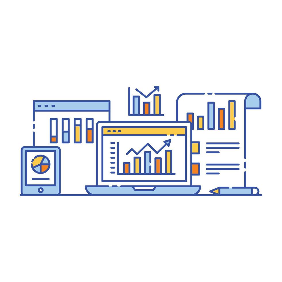 Charts with magnifier denoting flat illustration design of content analysis vector