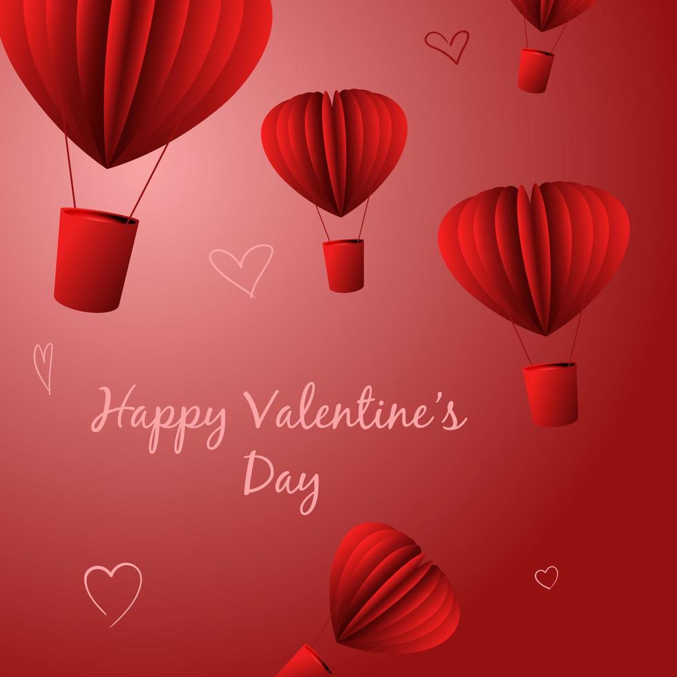 Valentine's day card. Vector illustration.Red card with many flying balloons with a basket