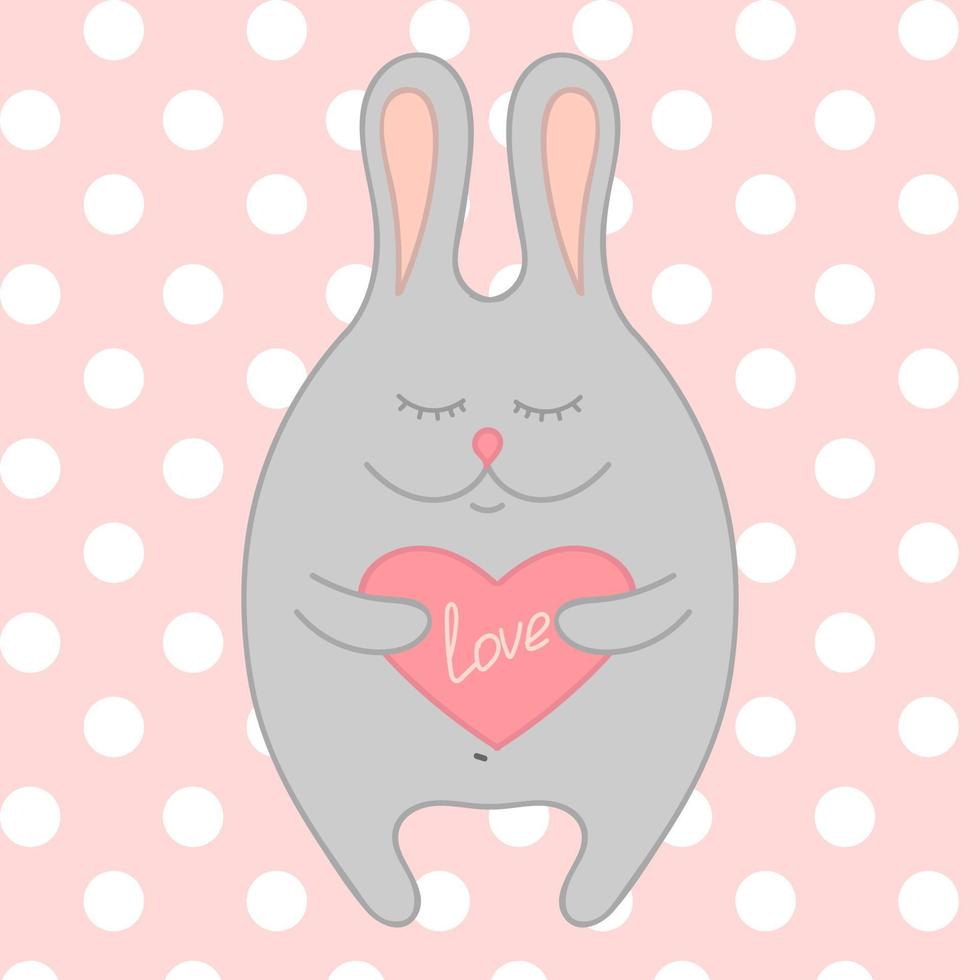 Illustration for valentine's day. Cute rabbit with a heart. Pink pea background. Vector illustration.