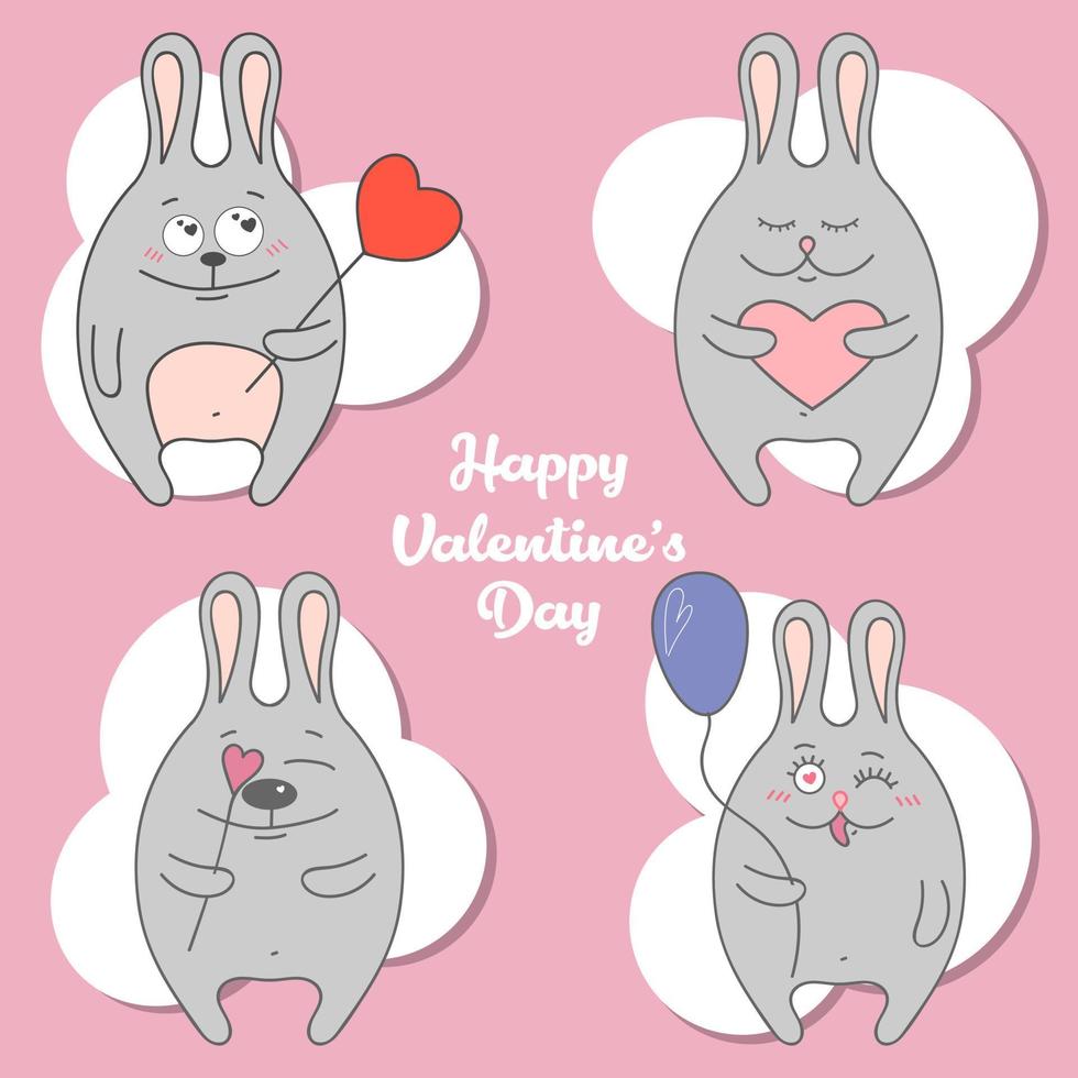 Vector set of holiday stickers for Valentine's Day with a rabbit in love