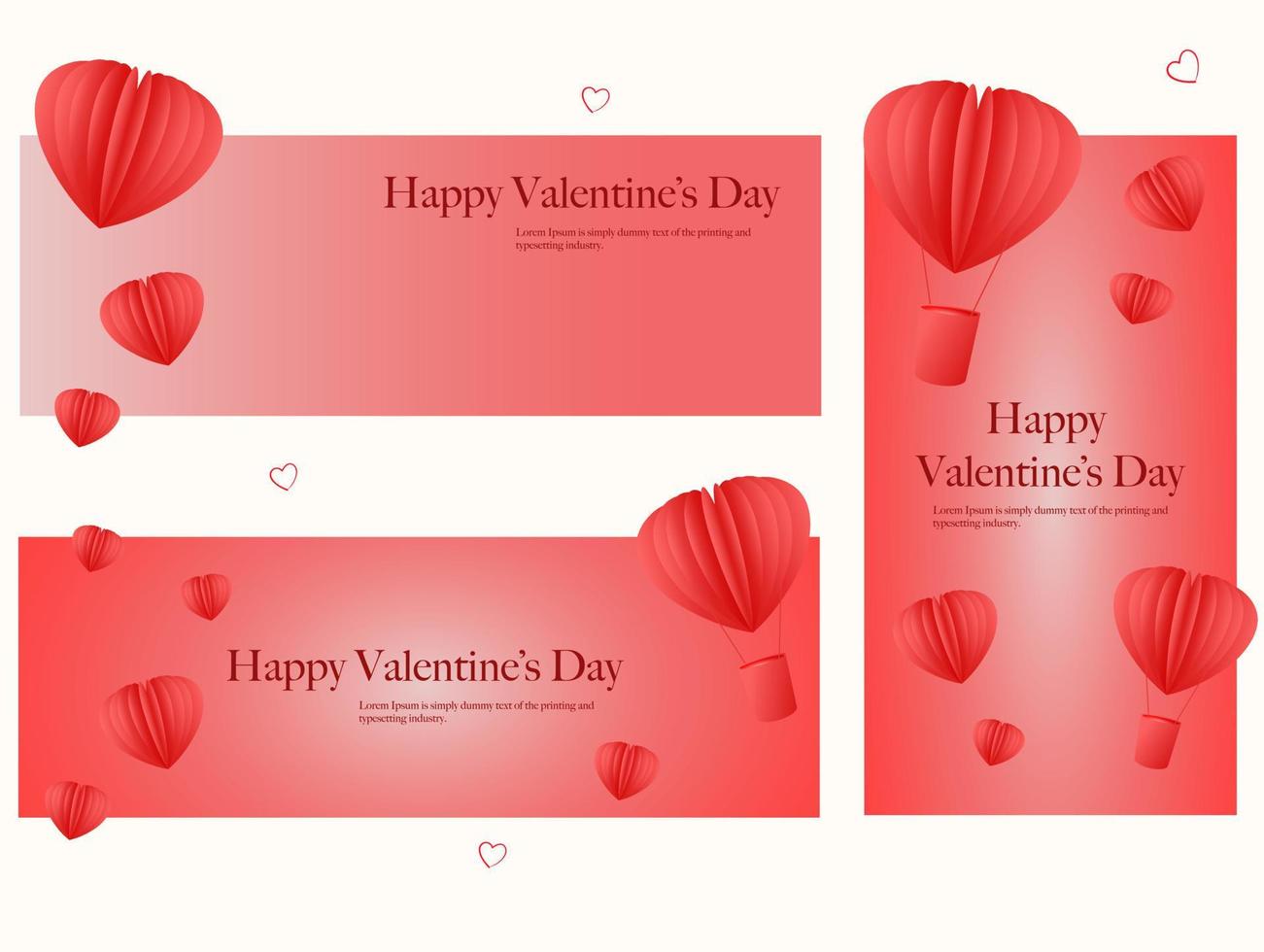 A set of banners for Valentine's Day. Paper hearts. Red. vector