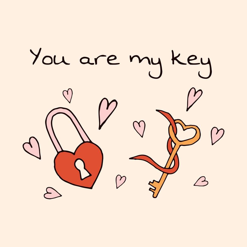 Greeting card for Valentine's Day. Greeting card for a couple. You are my key. Vector picture.