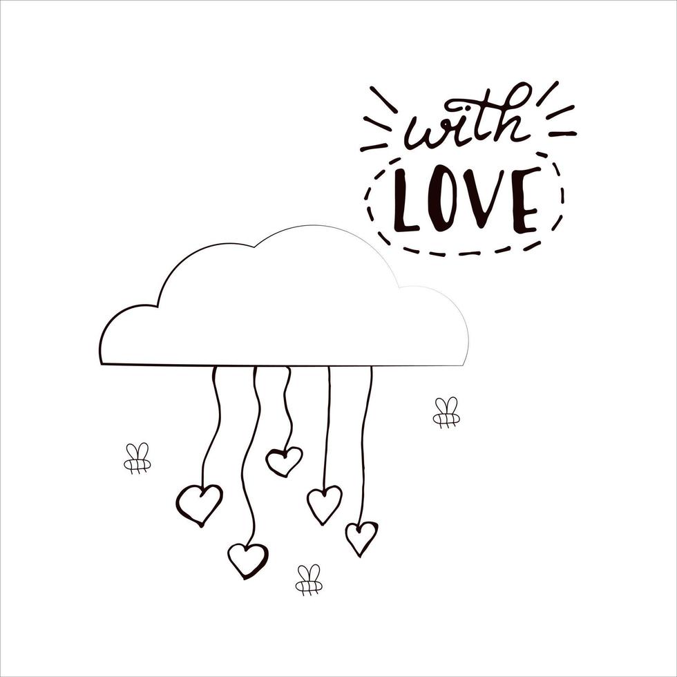 Postcard. Valentine's Day. With love. Shell and hearts. Vector illustration. Outline picture.