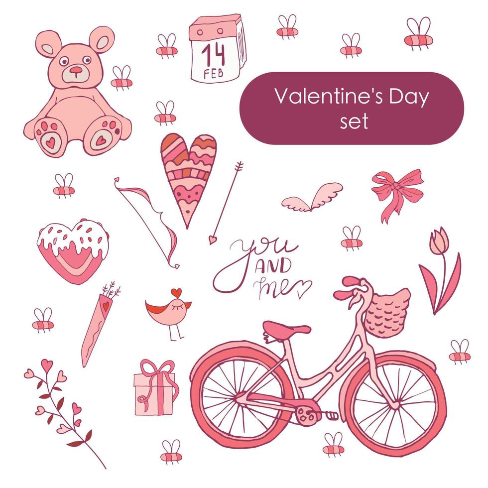 conjunto de día de san valentín. ilustración vectorial garabatos conjunto rosa. vector