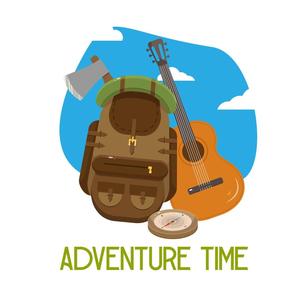 Postcard, adventure time. Vector illustration. Hiking backpack and guitar.