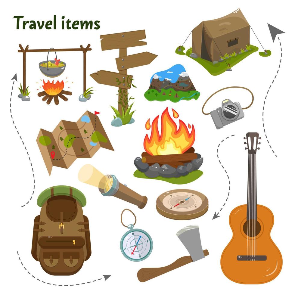 Vector set of items for tourism. Let's go to the campsite. Drawn elements.