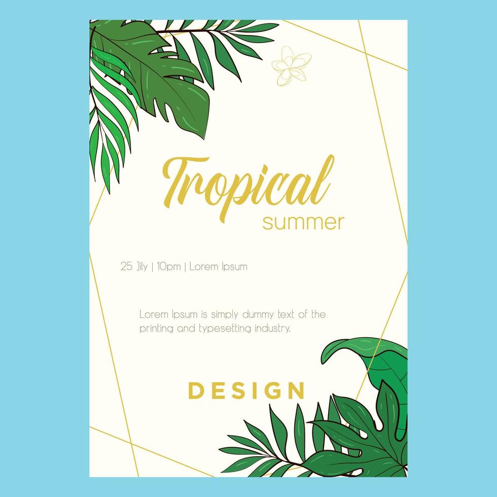 Vector greeting card with tropical plants for a holiday or a party. An invitation to a wedding. Gold frame. Summer.