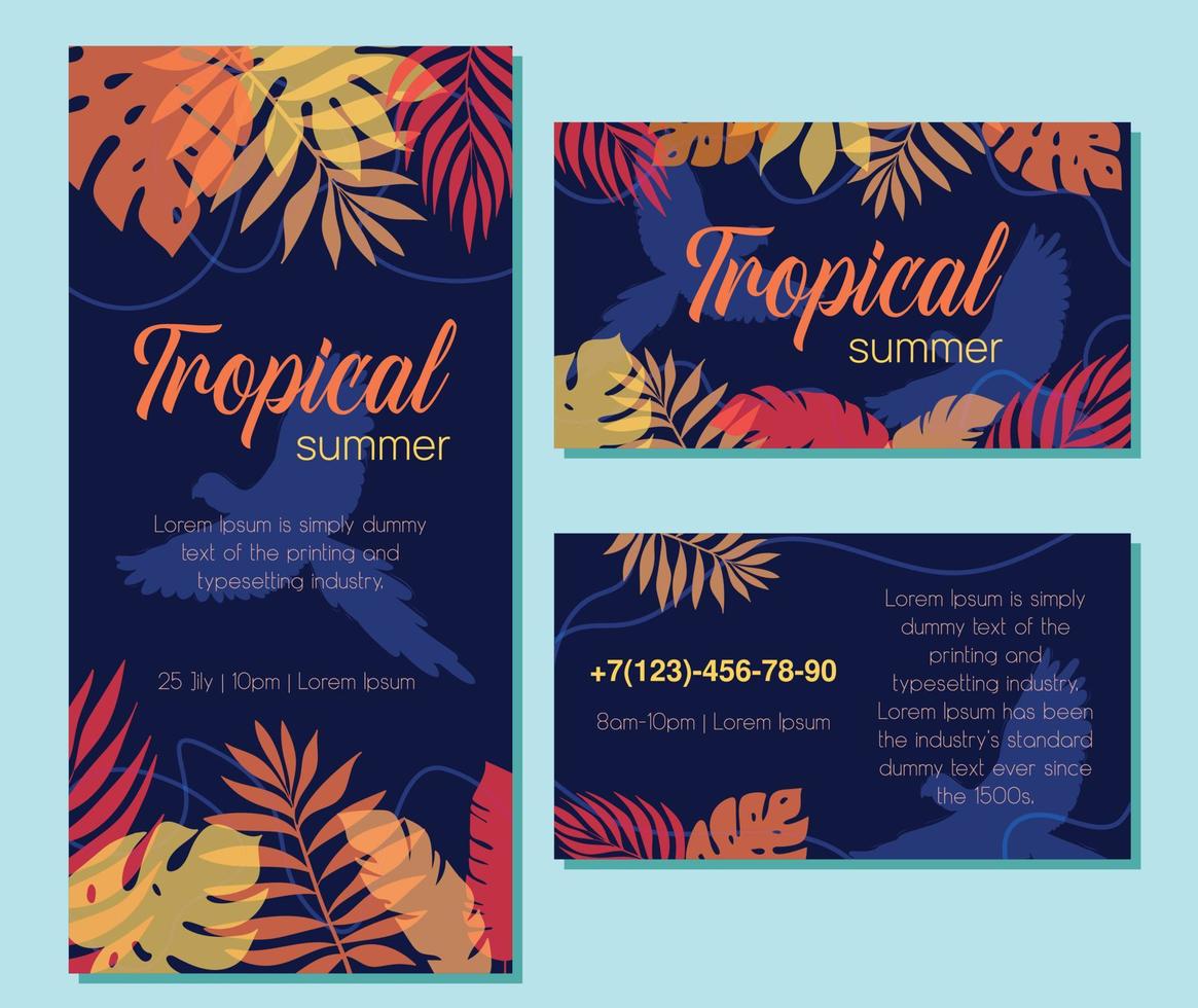 Vector greeting card with tropical plants for a holiday or a party. A set of thematic business cards. Parrot. Dark blue version.