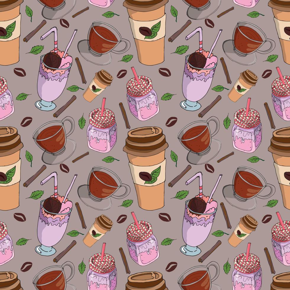 Seamless background for a coffee shop with a cup of tea, coffee beans and a milkshake vector