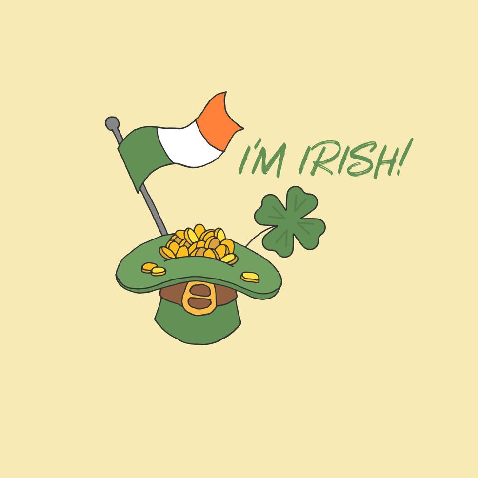 Greeting card for St. Patrick's day. Hat with coins. Money in the hat. Flag of Ireland. Clover. Vector. Circuit. Vector illustration. Stock vector.