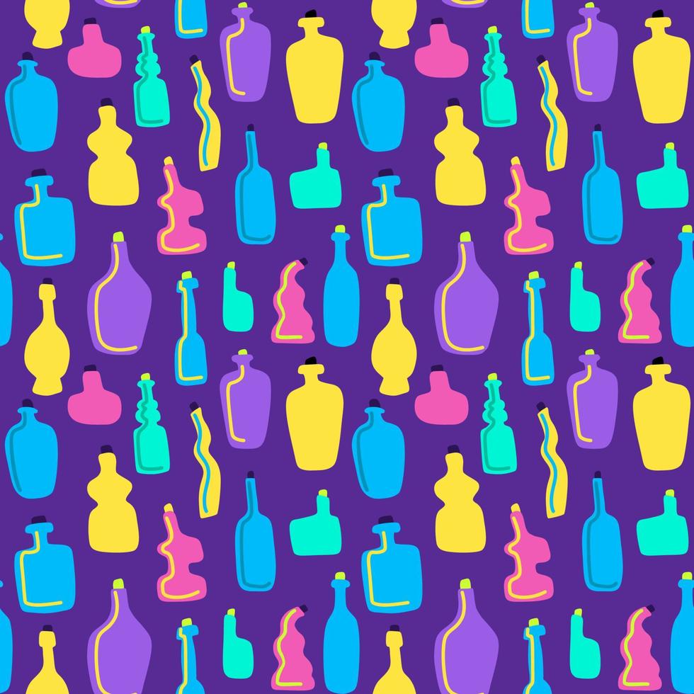 Seamless pattern with colorful bottles and vases of different shapes. Mosaic background vector