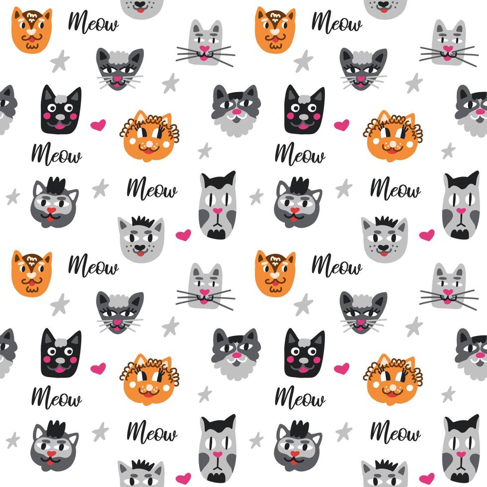 Background with cute cats and cats in the style of a children's drawing. The inscription meow and the heads of different breeds of cats vector
