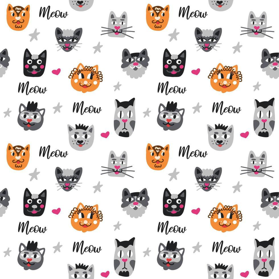 fondo con lindos gatos y gatos al estilo de un dibujo infantil. la inscripción miau y las cabezas de diferentes razas de gatos vector