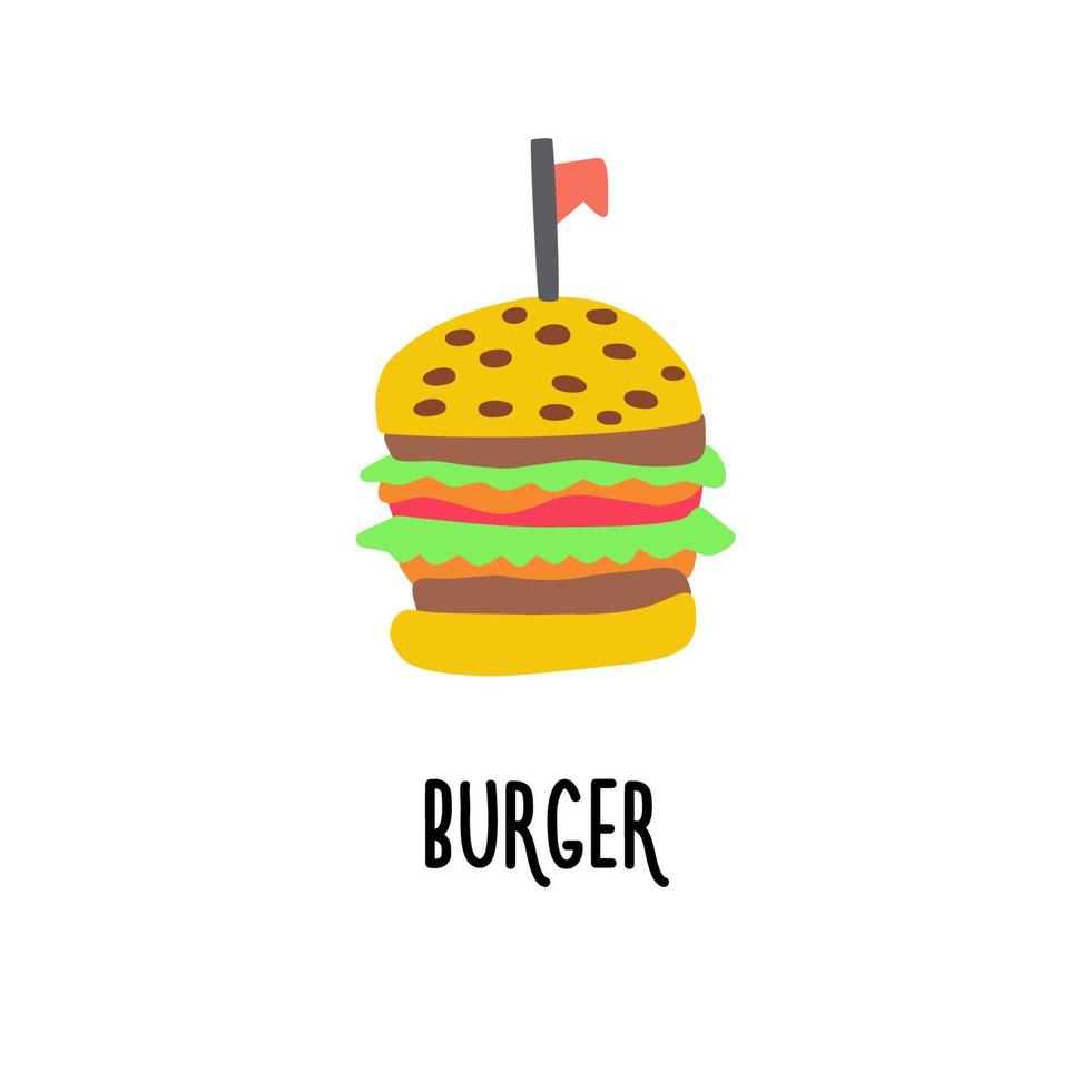 un clipart con una imagen de una hamburguesa con ensalada, queso, tomate y chuleta vector