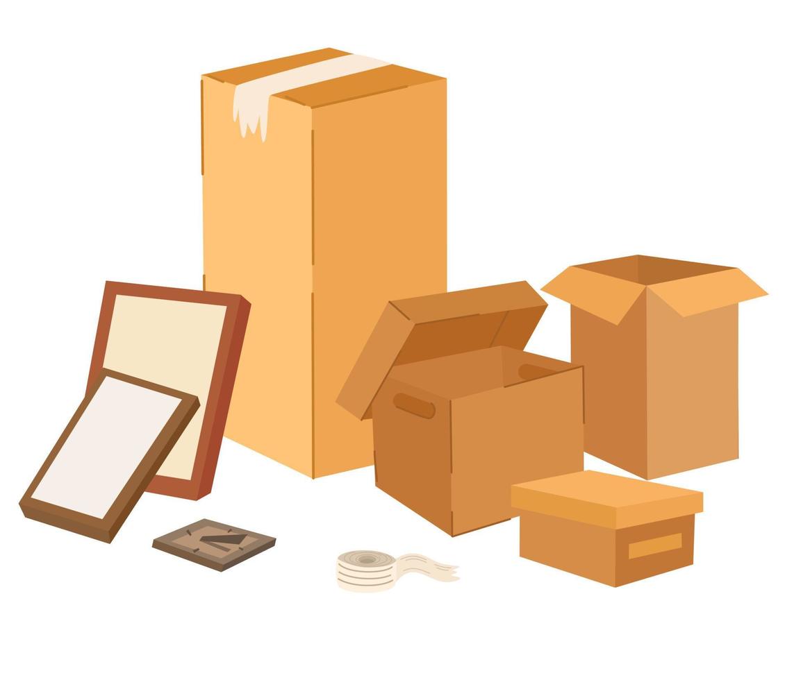 conjunto de cajas. cajas de cartón con varias cosas. concepto de mudanza y reubicación. ilustraciones aisladas de vectores de color dibujadas a mano. estilo de dibujos animados, diseño de moda