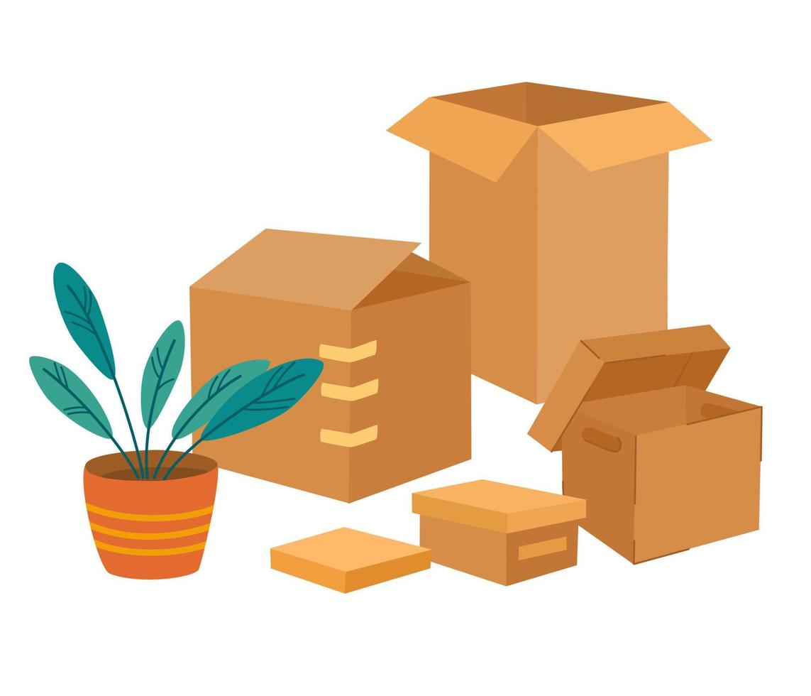 Boxes set. Cardboard boxes with various things and plant. Moving and relocation concept. Hand-drawn color vector isolated illustrations. Cartoon style, fashionable design