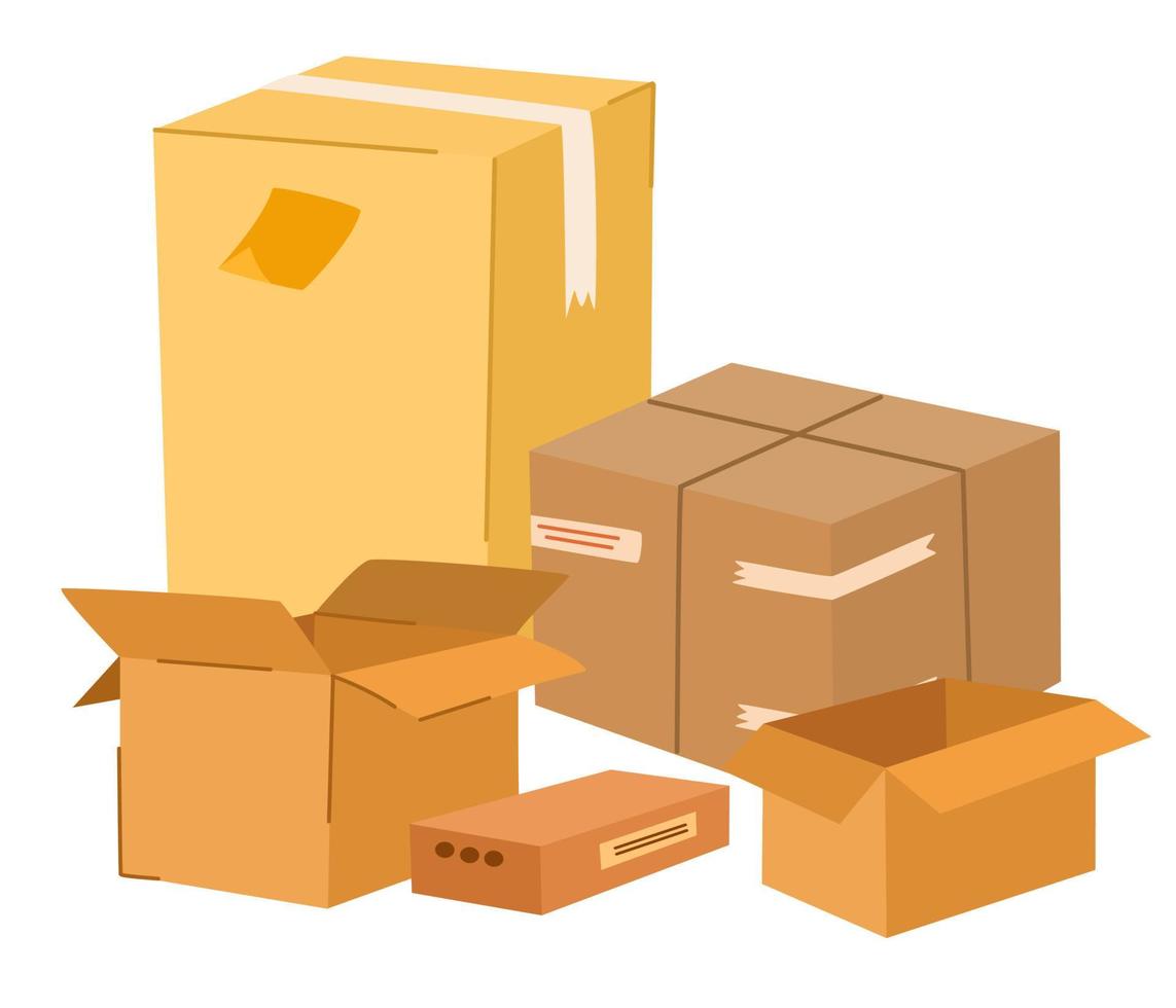 Boxes set. Cardboard boxes with various things. Moving and relocation concept. Hand-drawn color vector isolated illustrations. Cartoon style, fashionable design