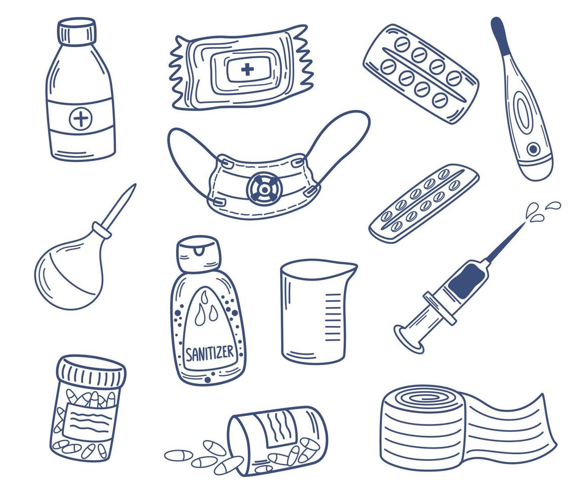 arte de esquema de medicina. vitaminas, suplementos dietéticos, máscaras, desinfectante, jeringas y enema, pastillas. perfecto para impresión, textiles, papel de regalo. ilustración vectorial dibujada a mano vector