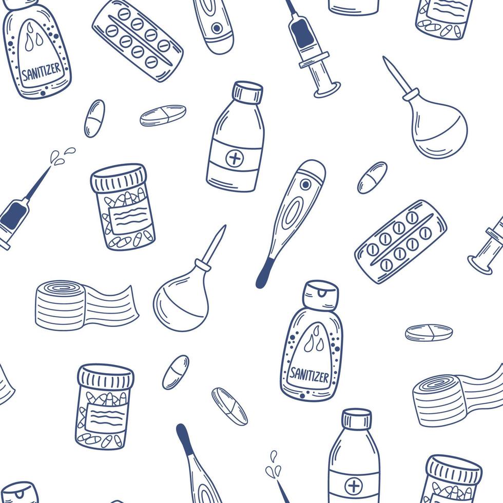 Medicine seamless pattern. Vitamins, dietary supplements, masks, sanitizer, syringes and enema, Pills. Perfect for printing, textiles, wrapping paper.  Hand drawn outline vector illustration