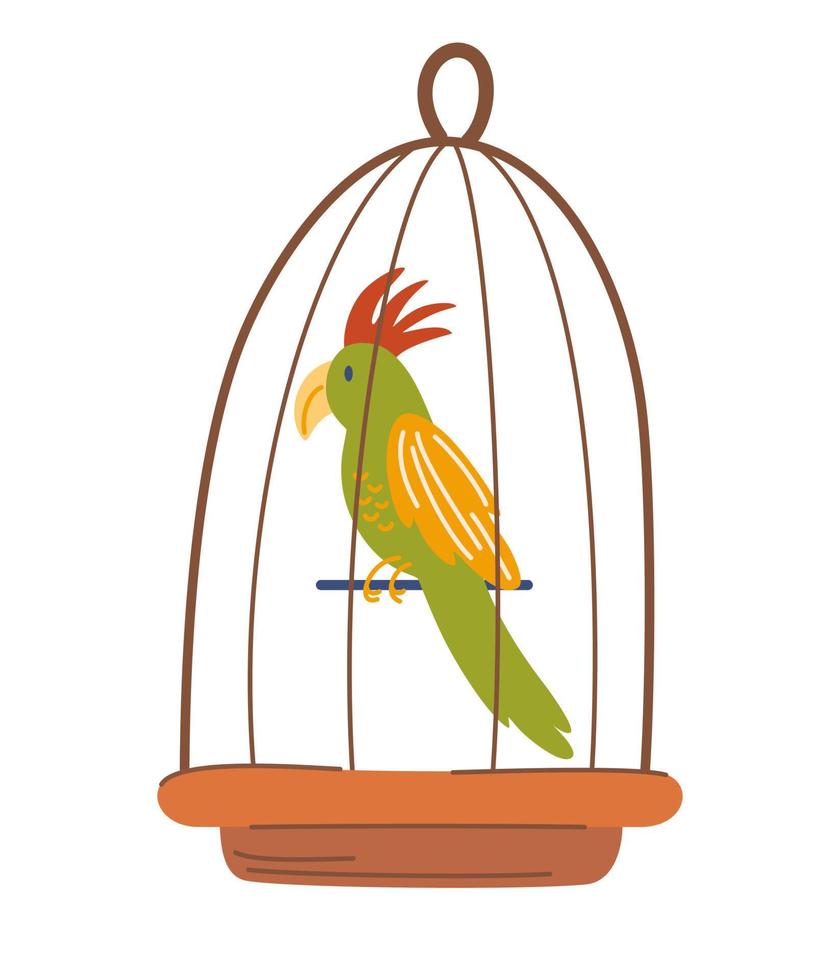 Parrot in a cage. Tropical bird macaw. Exotic wild creature with yellow feather. Poultry. Hand drawn vector illustrations.