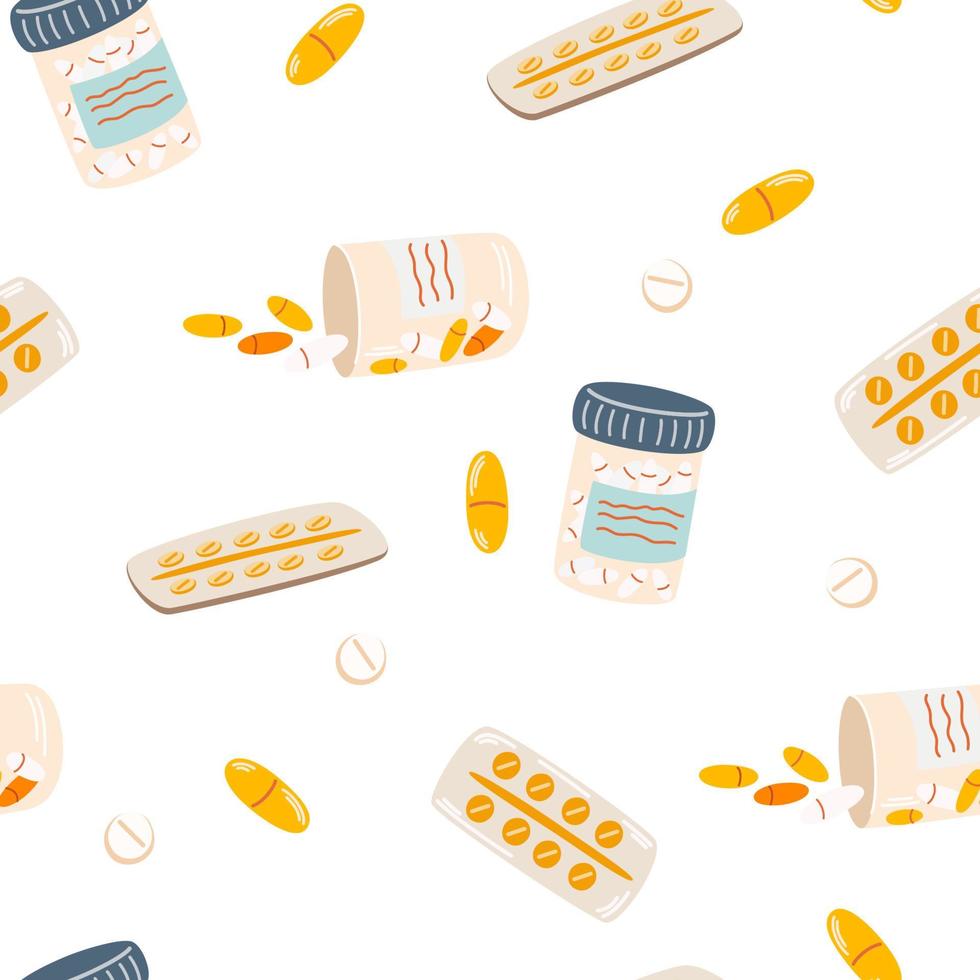 Pills seamless pattern. Bottle with various tablets and capsules. Medical capsules container. Perfect for textile, wallpaper and scrapbook. Vector cartoon illustration