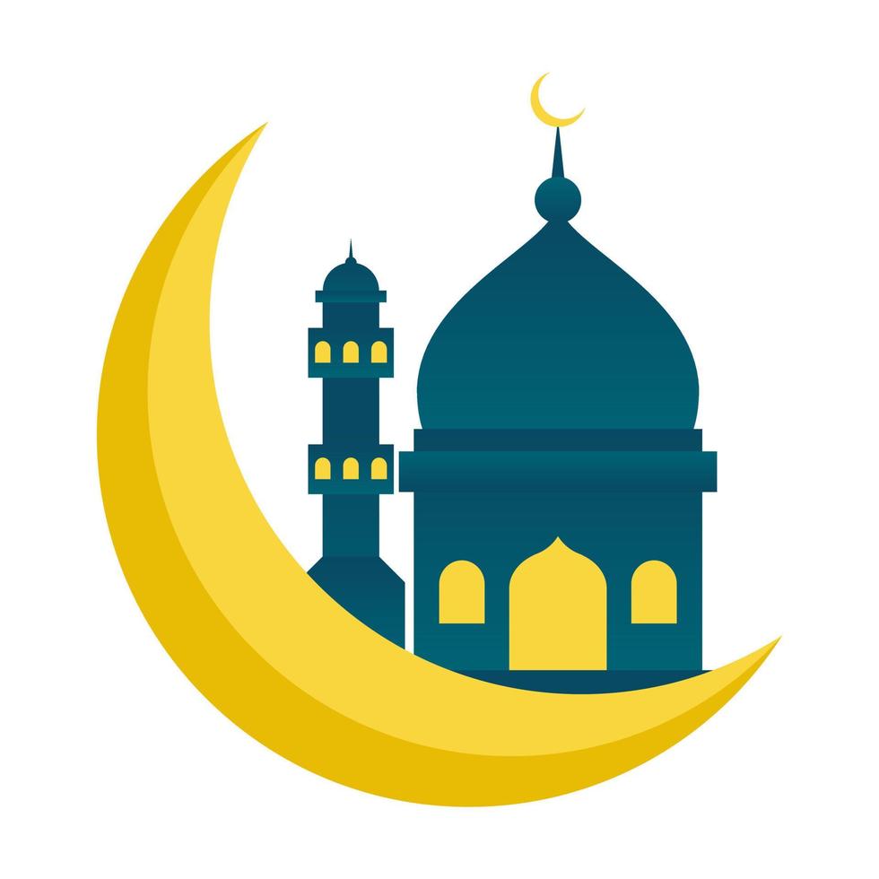 Illustration vector graphic of Islamic Mosque building upon a moon with flat style isolated on white background.