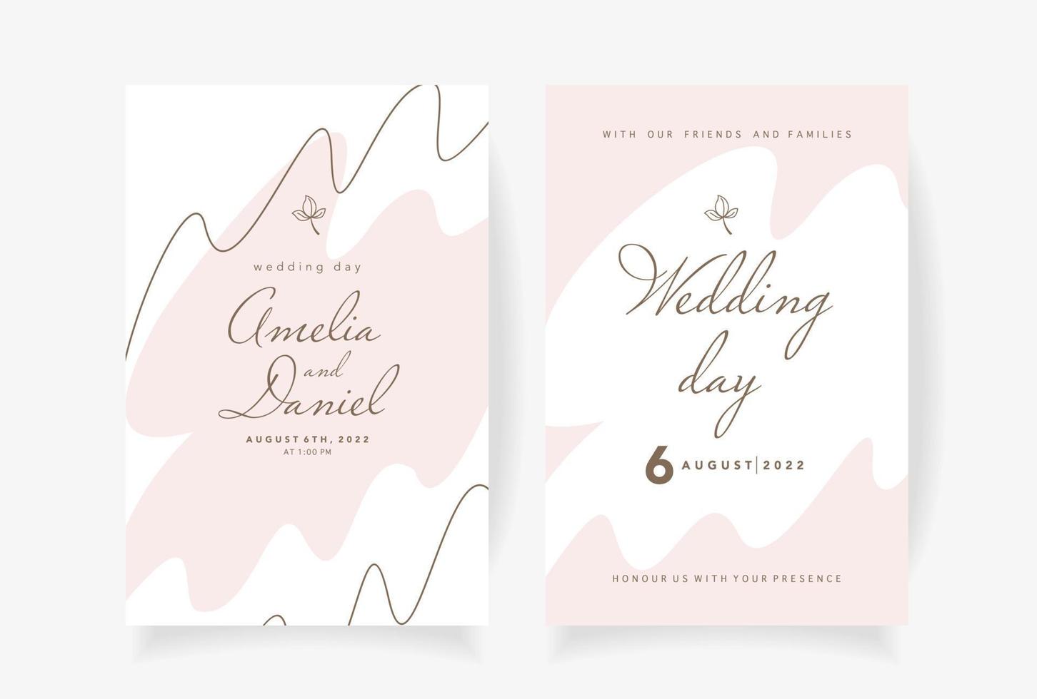 Wedding invitation template with pink abstract background and chocolate inscriptions and contours Vector illustration