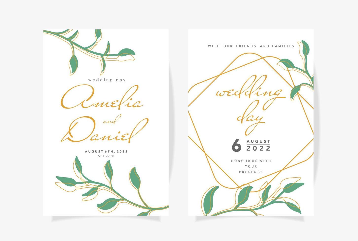 Wedding invitation template with beautiful green leaves and golden contours Vector illustration