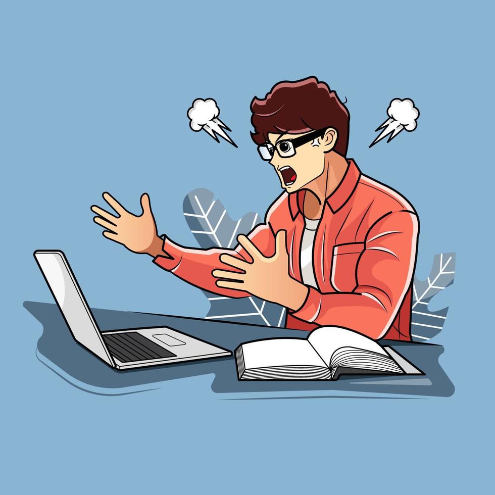 Young boy looking angry while using a laptop vector illustration free download